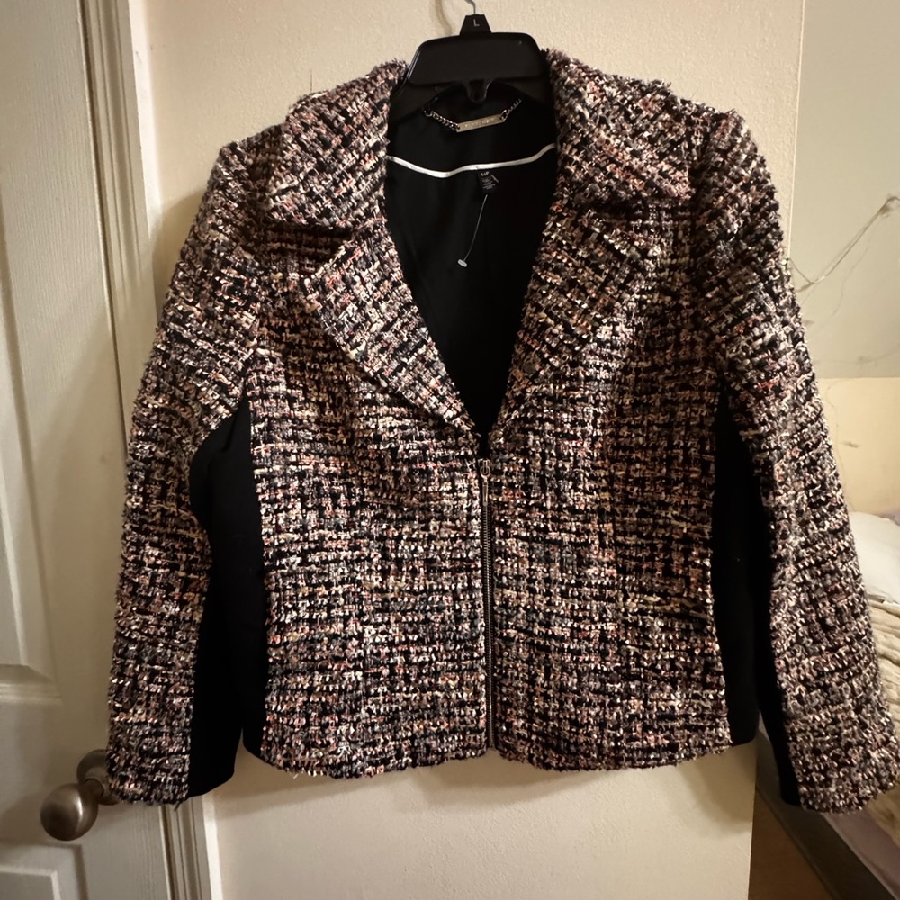 White House Black Market Women's Tweed Jacket - Black and Pink